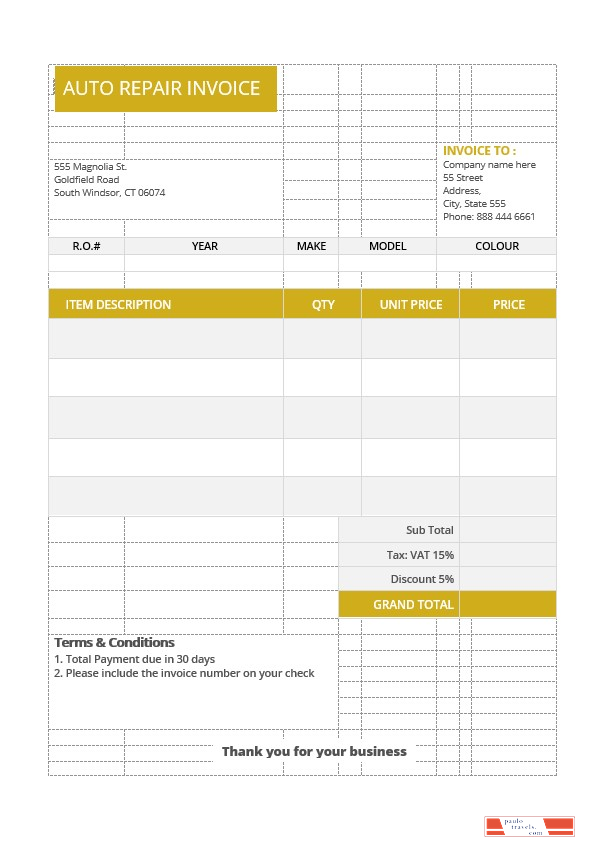 Sample Auto Repair Invoice Template PSD template